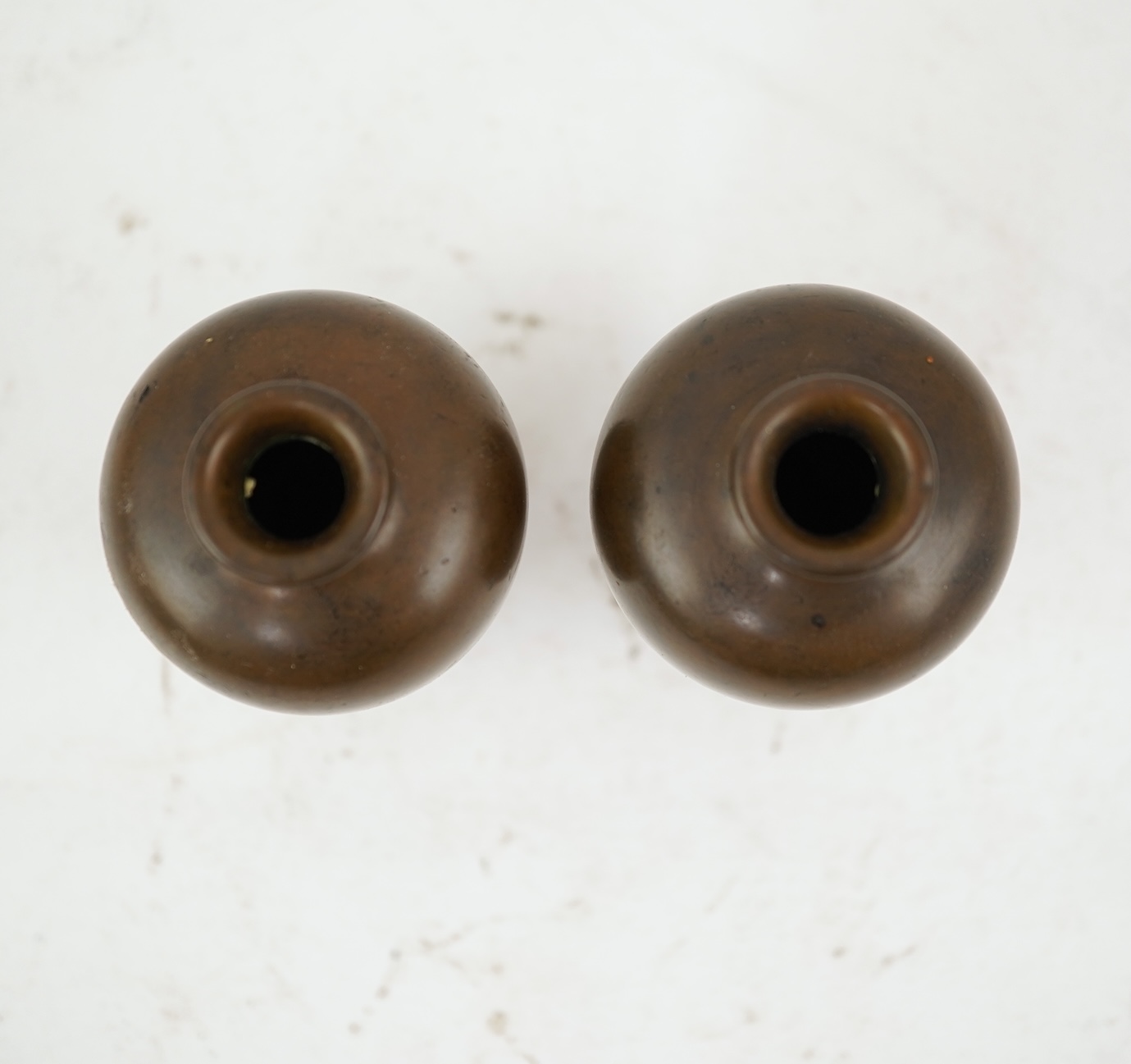 A pair of Japanese bronze and mixed metal miniature vases, by Noboru Nogawa, Meiji period